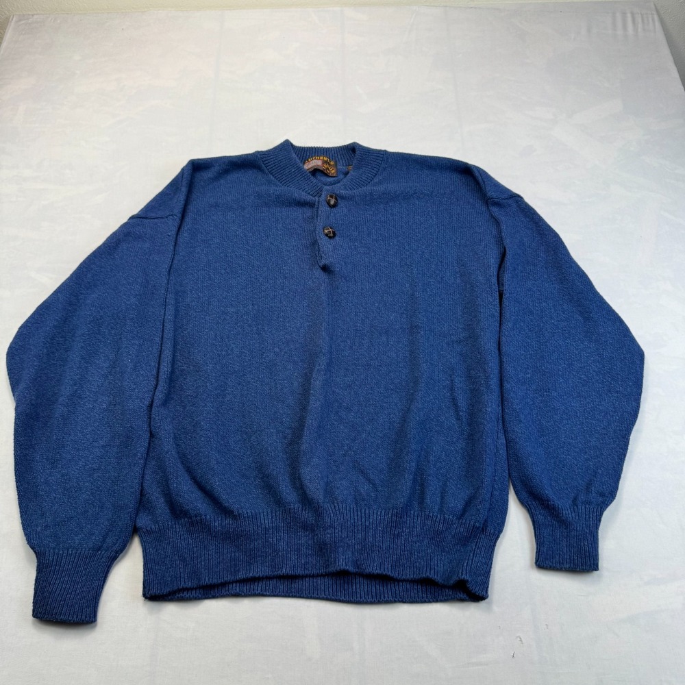Vtg Authentic Issue 90s Henley Sweater Mens Large Blue Tight Knit Long Sleeve